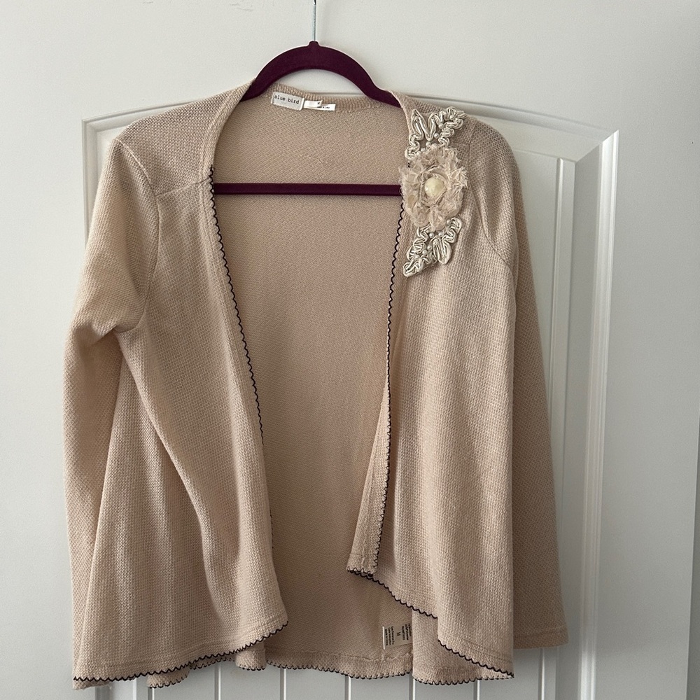 Blue Bird Cream Open-Front Sweater with Floral Detail